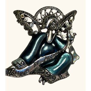 Angel Brooch Pin With Rhinestones Believe In Angels Text